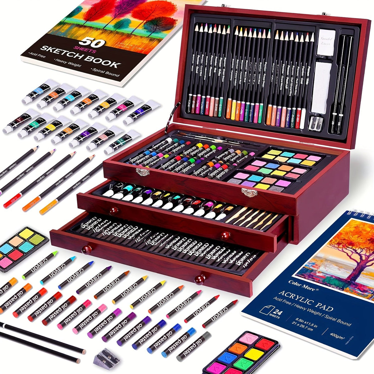 175-Piece Deluxe Art Set – Crayons, Colored Pencils & Acrylic Paints in Wooden Case