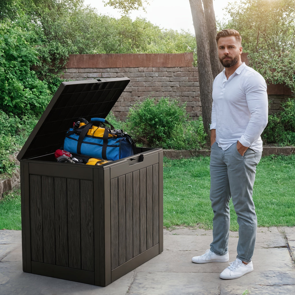 35 Gallon Outdoor Resin Storage Box – Black/Wood Grain