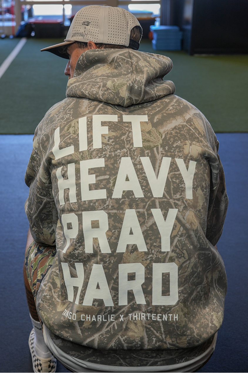 Lift Heavy. Pray Hard. - Premium Deadwood Camo Hoodie