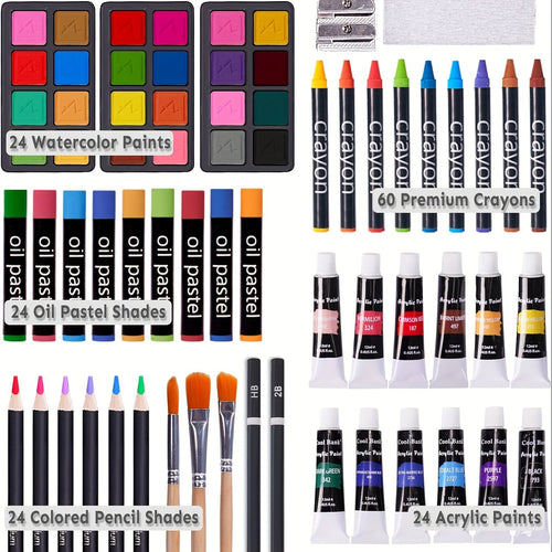 175-Piece Deluxe Art Set – Crayons, Colored Pencils & Acrylic Paints in Wooden Case